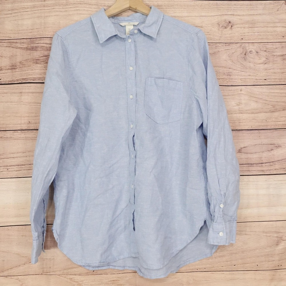 H&M Button-Up Womens S Blue Collared Long Sleeve Linen Blend Shirt Top